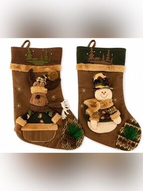Handmade Rustic Artisan Christmas Stocking Set 2 Woodland Moose & Snowman Luxury
